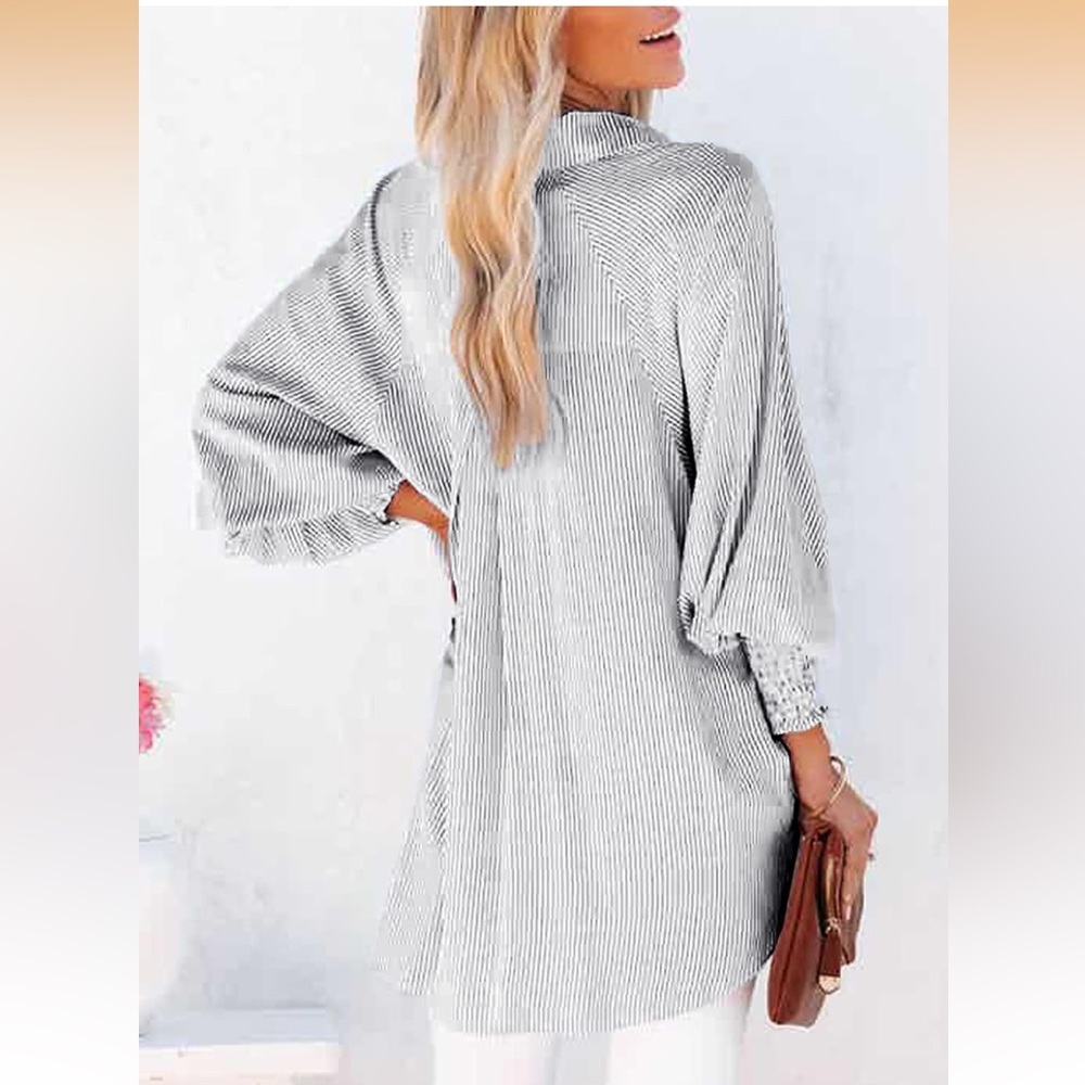 Oversized Button-Down Smocked Cuff Tunic Top - Picture 2 of 11